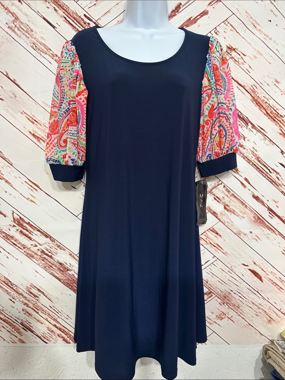 NWT MSK Navy A-Line Dress with Multicolor Paisley Puff Sleeves
